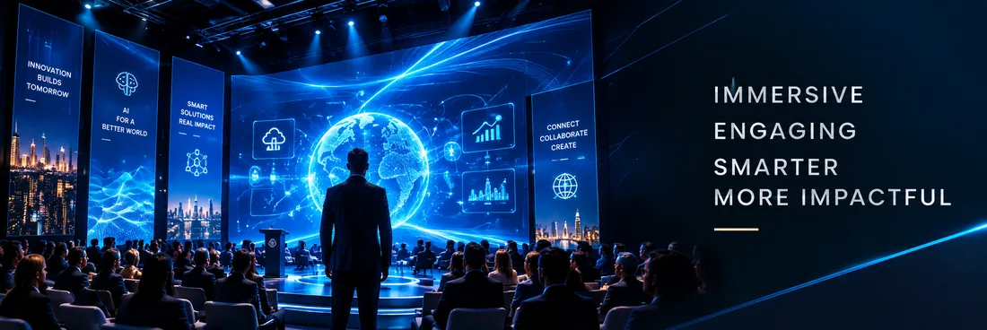 A speaker on stage before a large LED globe at a technology-led corporate event, beside the words Immersive, Engaging, Smarter, More Impactful
