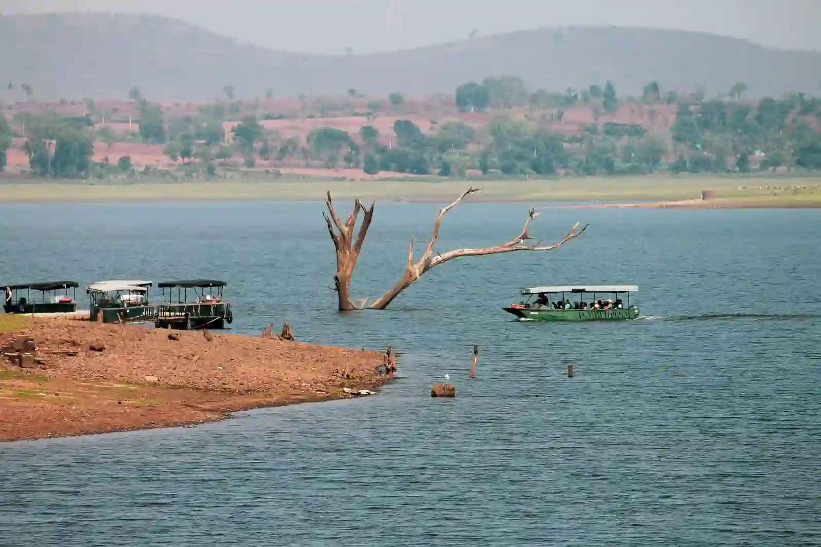 A safari boat on the Kabini backwaters